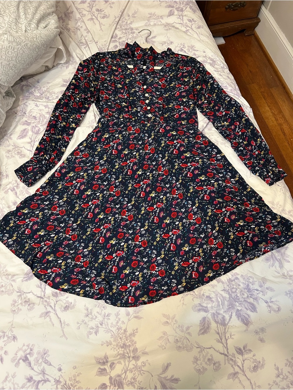 Trollied Dolly Feminine Floral Long-Sleeve Navy Cottagecore Dress